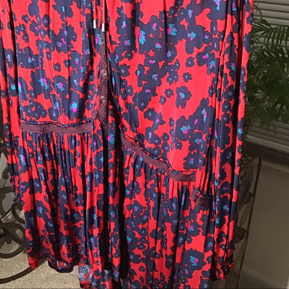 FREE PEOPLE PRE-LOVED AUTHENTIC RED & BLUE FLORAL LONG SLEEVES DRESS/TUNIC DRESS - Picture 6 of 11